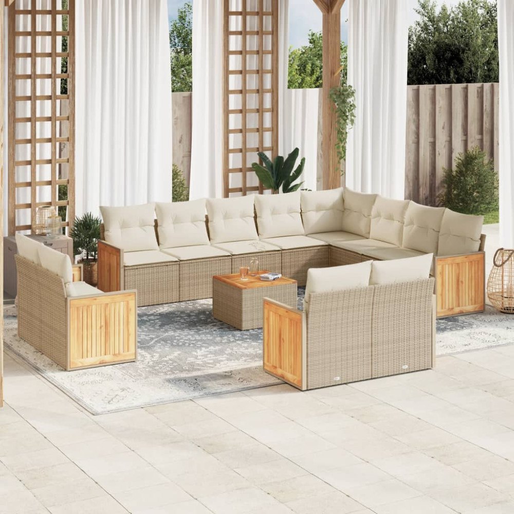 vidaXL Soffgrupp för trädgården med dynor 13 delar beige konstrotting