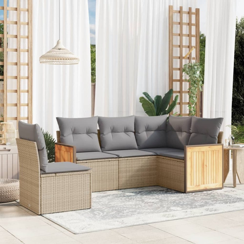 vidaXL Soffgrupp för trädgården med dynor 5 delar beige konstrotting
