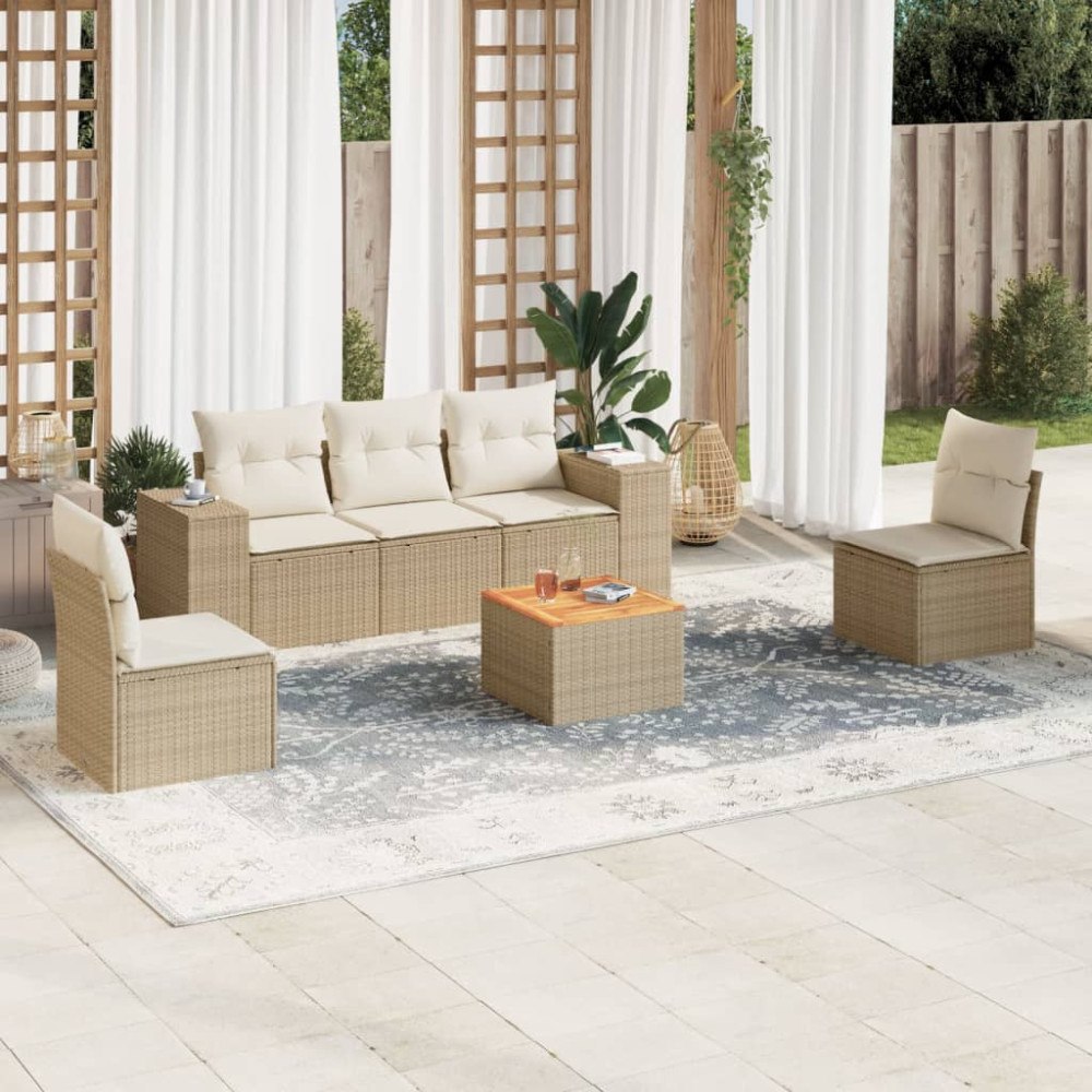 vidaXL Soffgrupp för trädgården med dynor 6 delar beige konstrotting