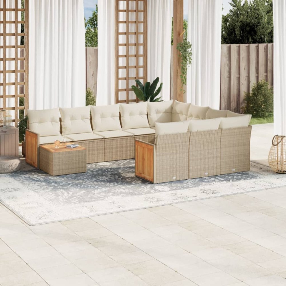 vidaXL Loungegrupp för trädgården m. dynor 11 delar beige konstrotting