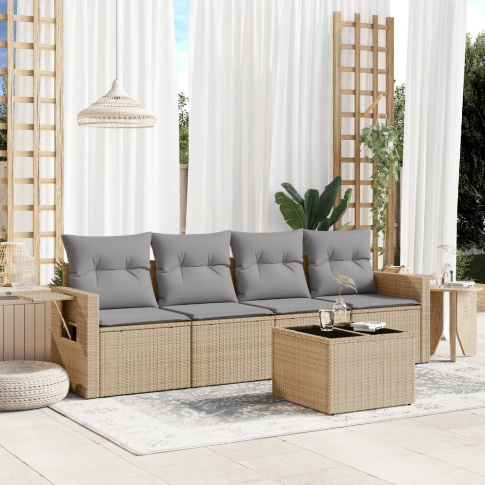 vidaXL Soffgrupp för trädgården med dynor 5 delar beige konstrotting