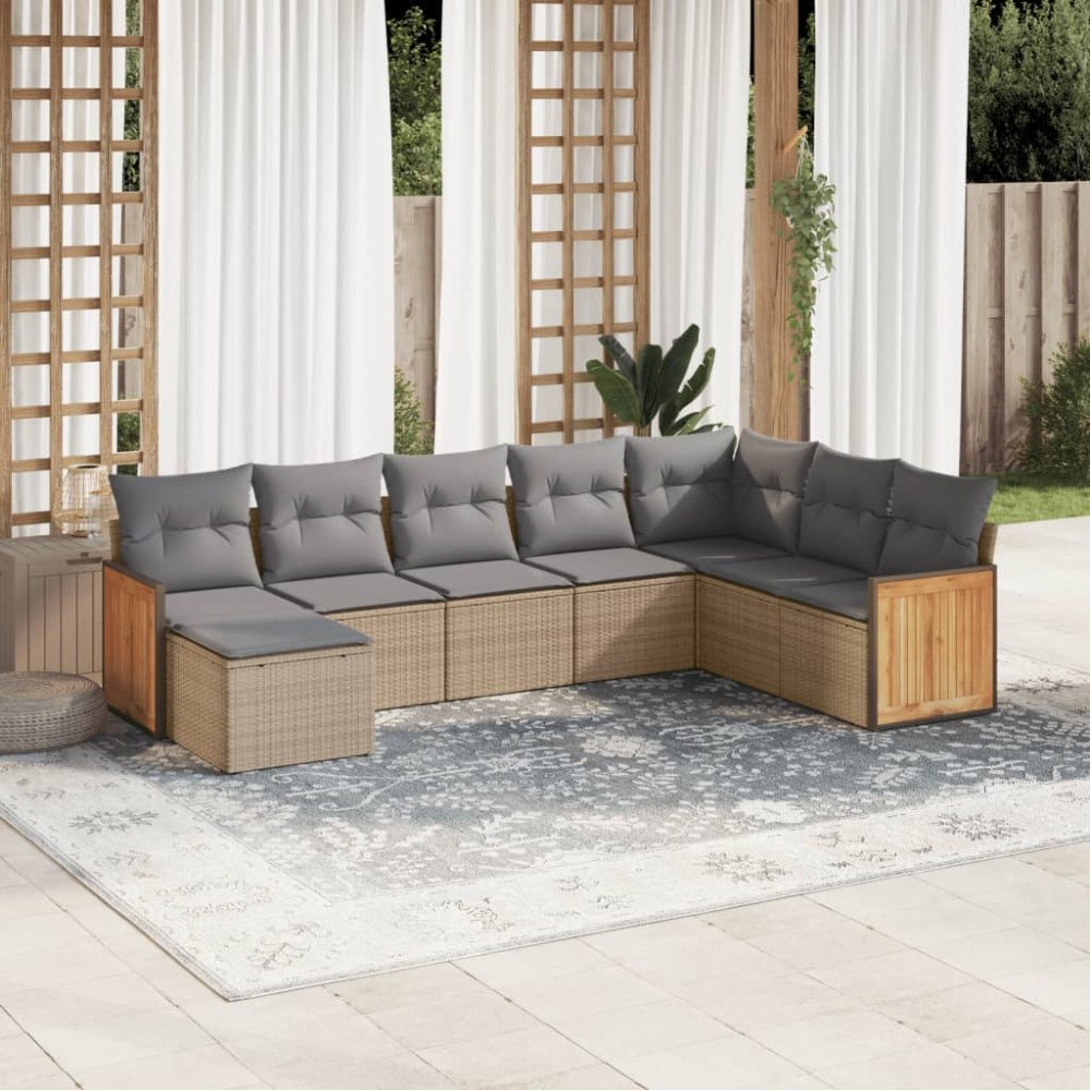 vidaXL Matgrupp för trädgården med dynor 8 delar beige konstrotting