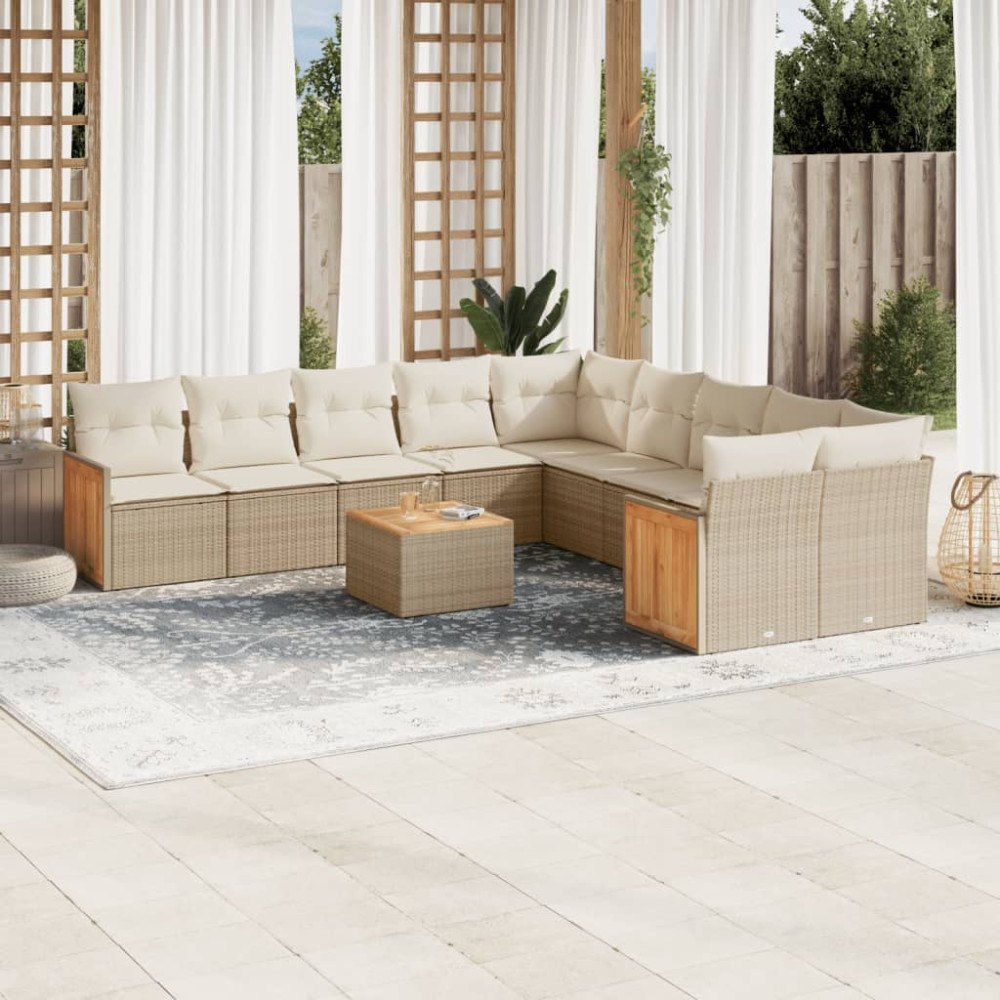 vidaXL Loungegrupp för trädgården m. dynor 11 delar beige konstrotting