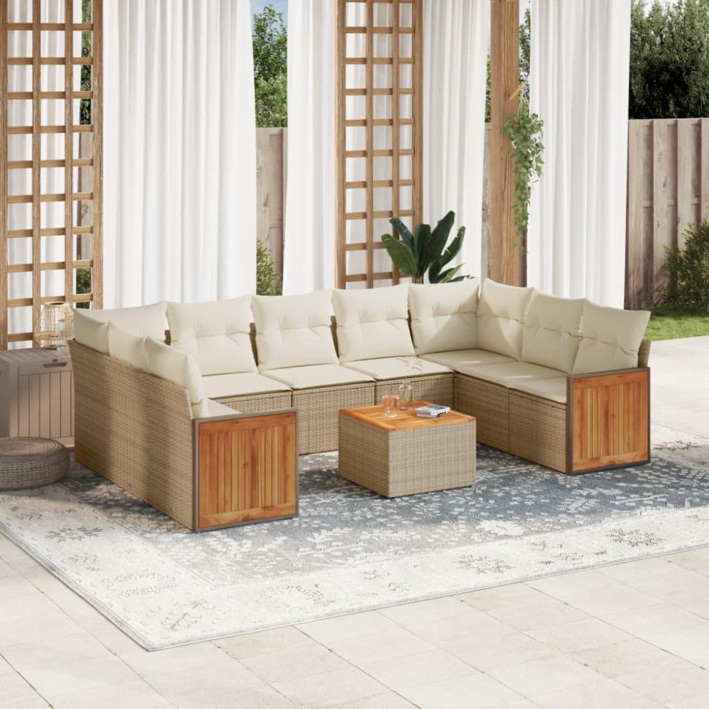 vidaXL Soffgrupp för trädgård med dynor 10 delar beige konstrotting