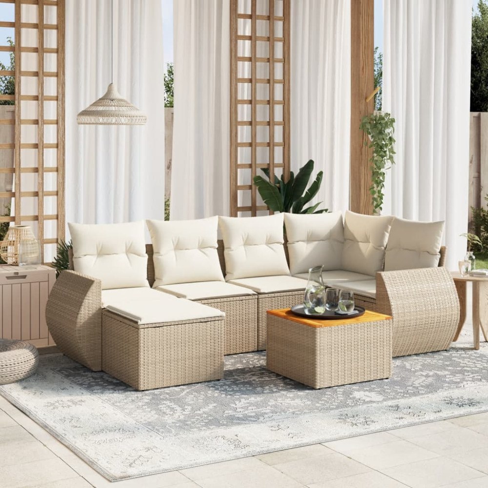 vidaXL Matgrupp för trädgården med dynor 7 delar beige konstrotting