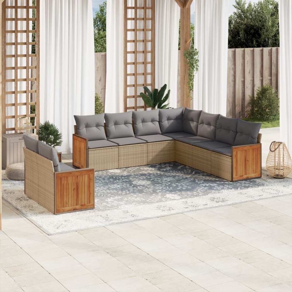 vidaXL Soffgrupp för trädgården med dynor 9 delar beige konstrotting