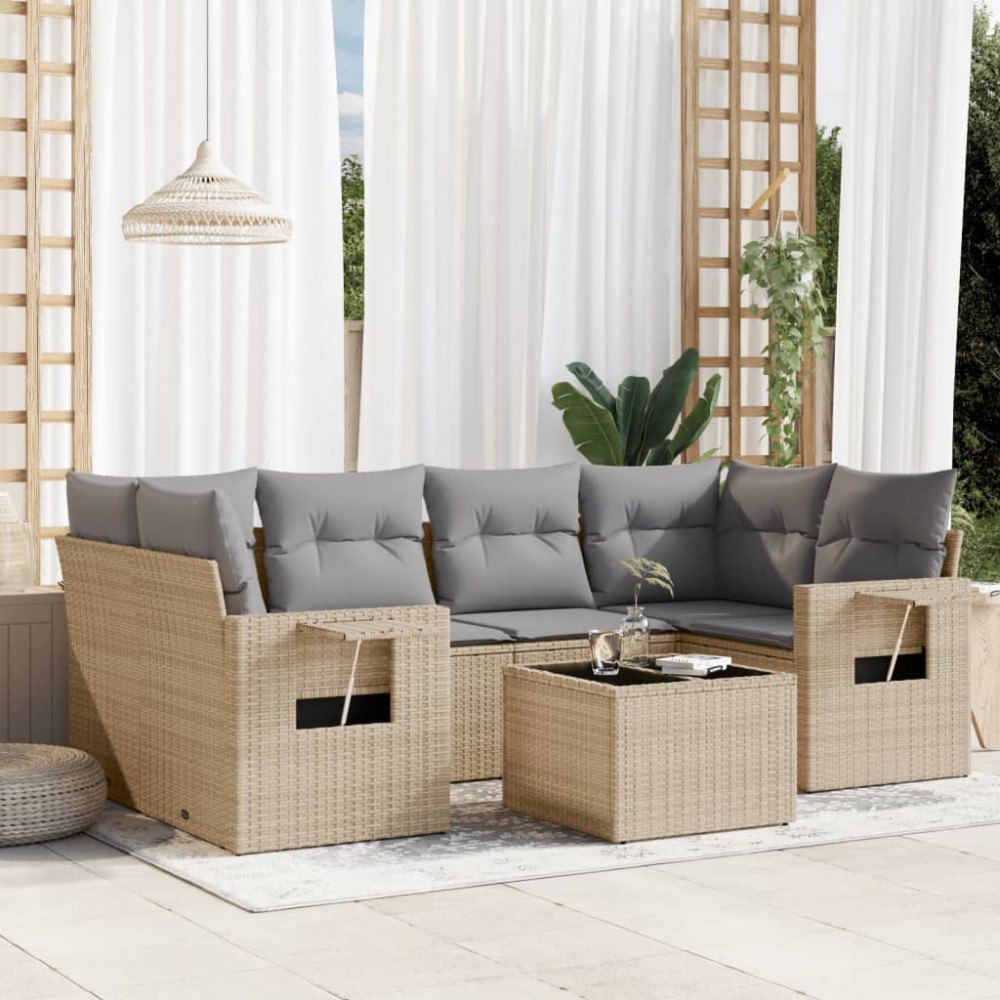 vidaXL Matgrupp för trädgården med dynor 7 delar beige konstrotting