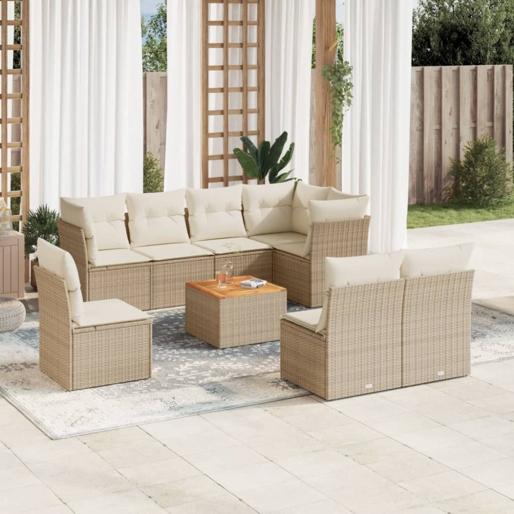 vidaXL Soffgrupp för trädgården med dynor 9 delar beige konstrotting