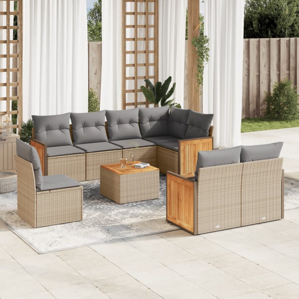 vidaXL Soffgrupp för trädgården med dynor 9 delar beige konstrotting