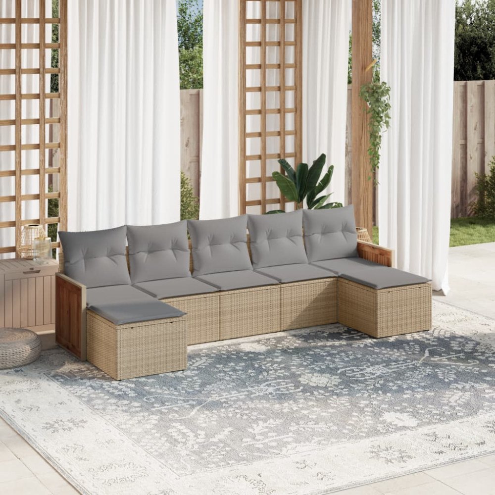 vidaXL Matgrupp för trädgården med dynor 7 delar beige konstrotting
