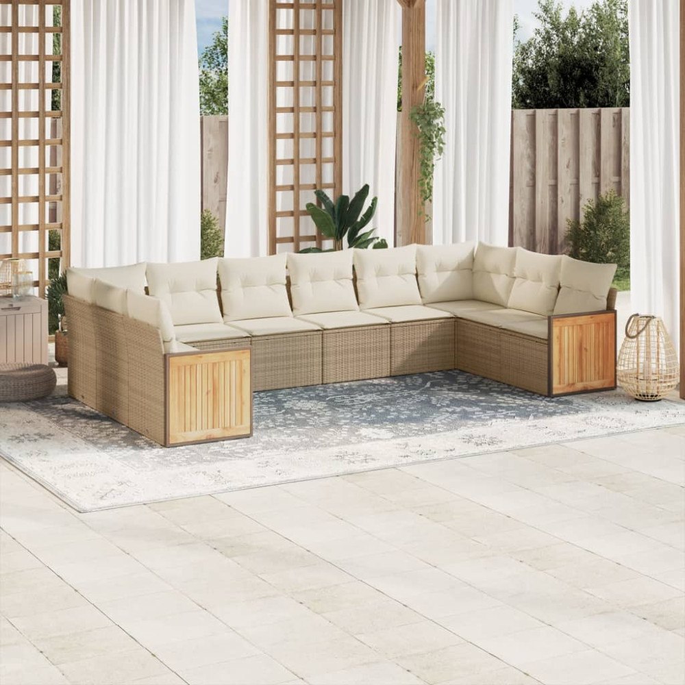 vidaXL Soffgrupp för trädgård med dynor 10 delar beige konstrotting