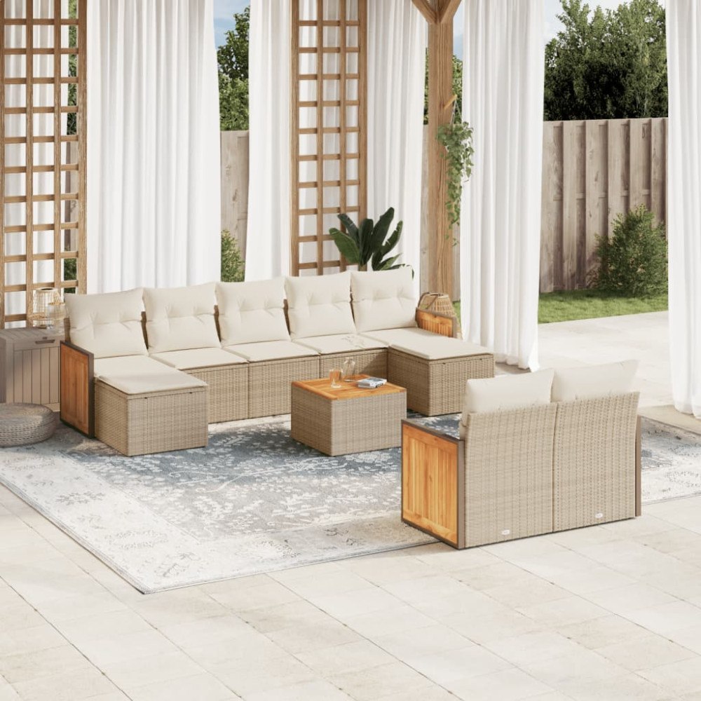 vidaXL Soffgrupp för trädgård med dynor 10 delar beige konstrotting