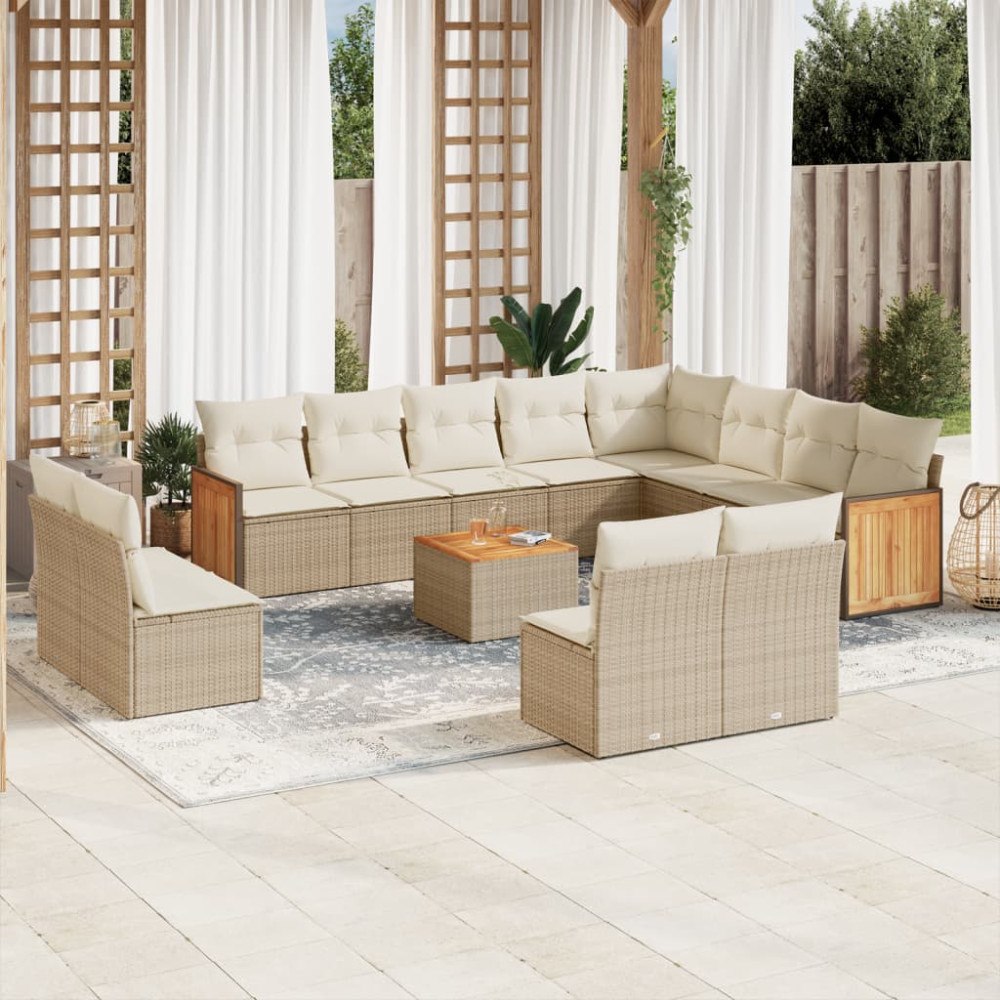 vidaXL Soffgrupp för trädgården med dynor 13 delar beige konstrotting