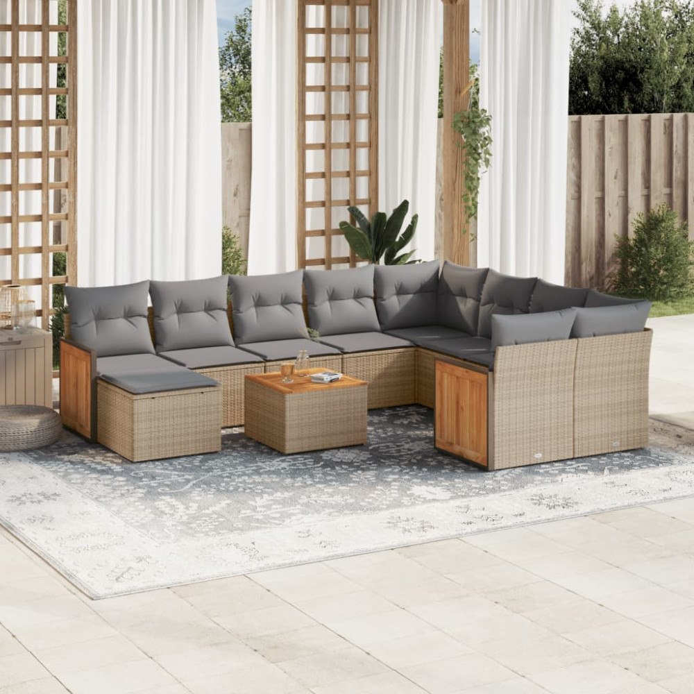 vidaXL Loungegrupp för trädgården m. dynor 11 delar beige konstrotting