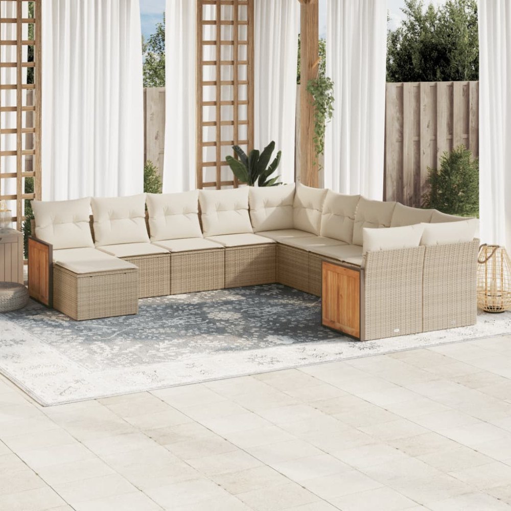 vidaXL Loungegrupp för trädgården m. dynor 11 delar beige konstrotting