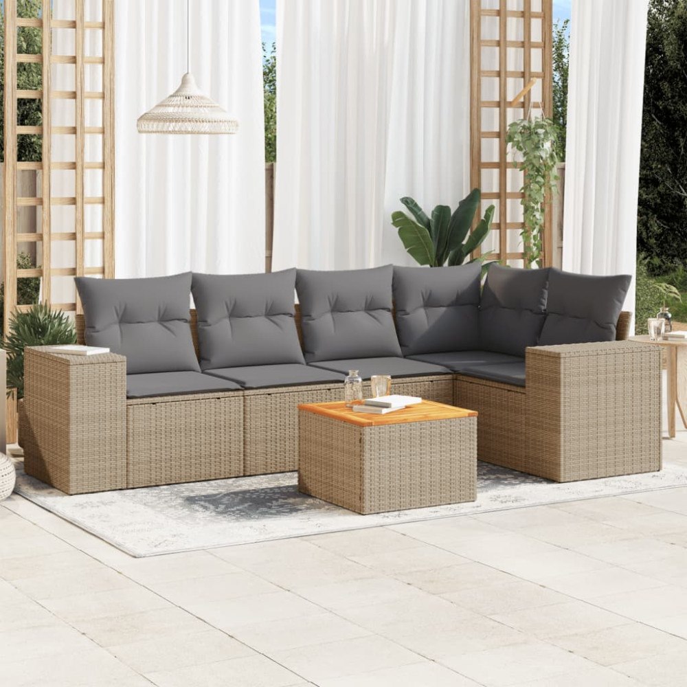 vidaXL Soffgrupp för trädgården med dynor 6 delar beige konstrotting