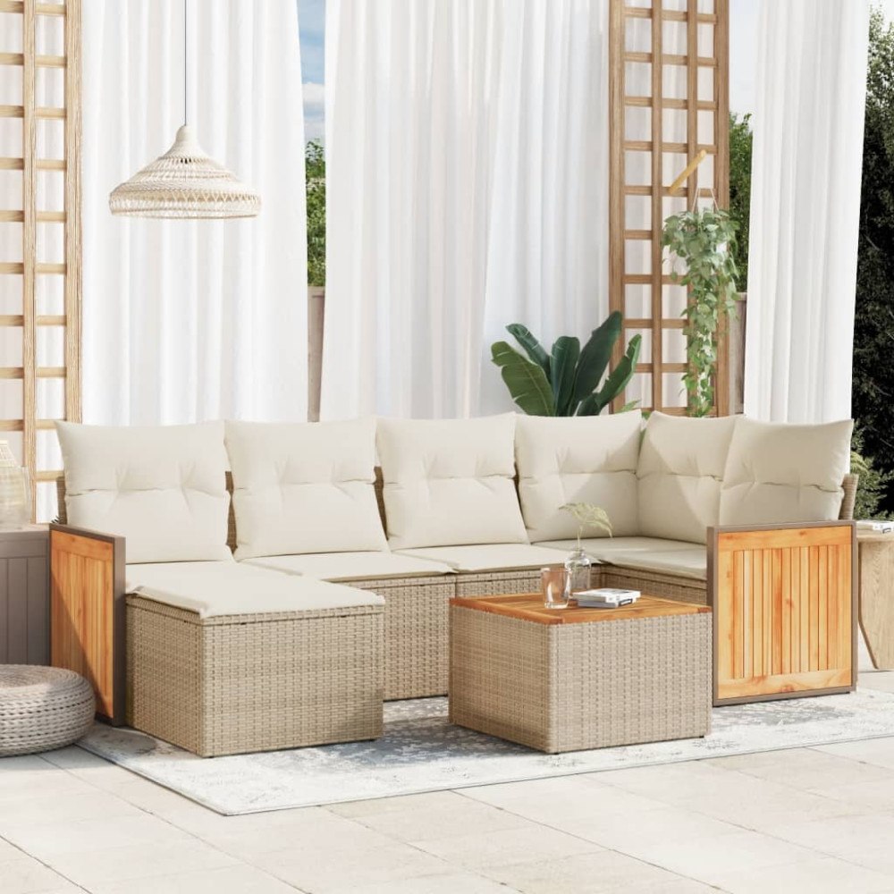vidaXL Matgrupp för trädgården med dynor 7 delar beige konstrotting