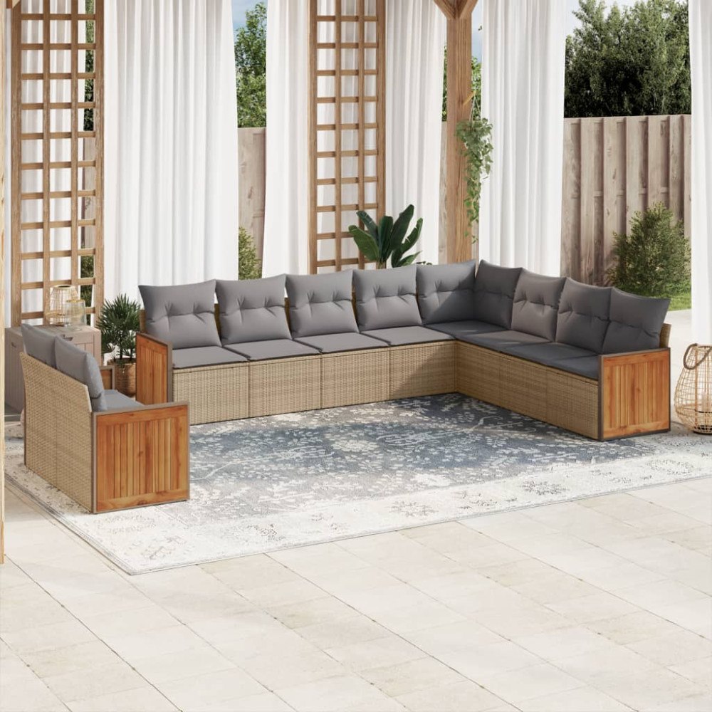 vidaXL Soffgrupp för trädgård med dynor 10 delar beige konstrotting