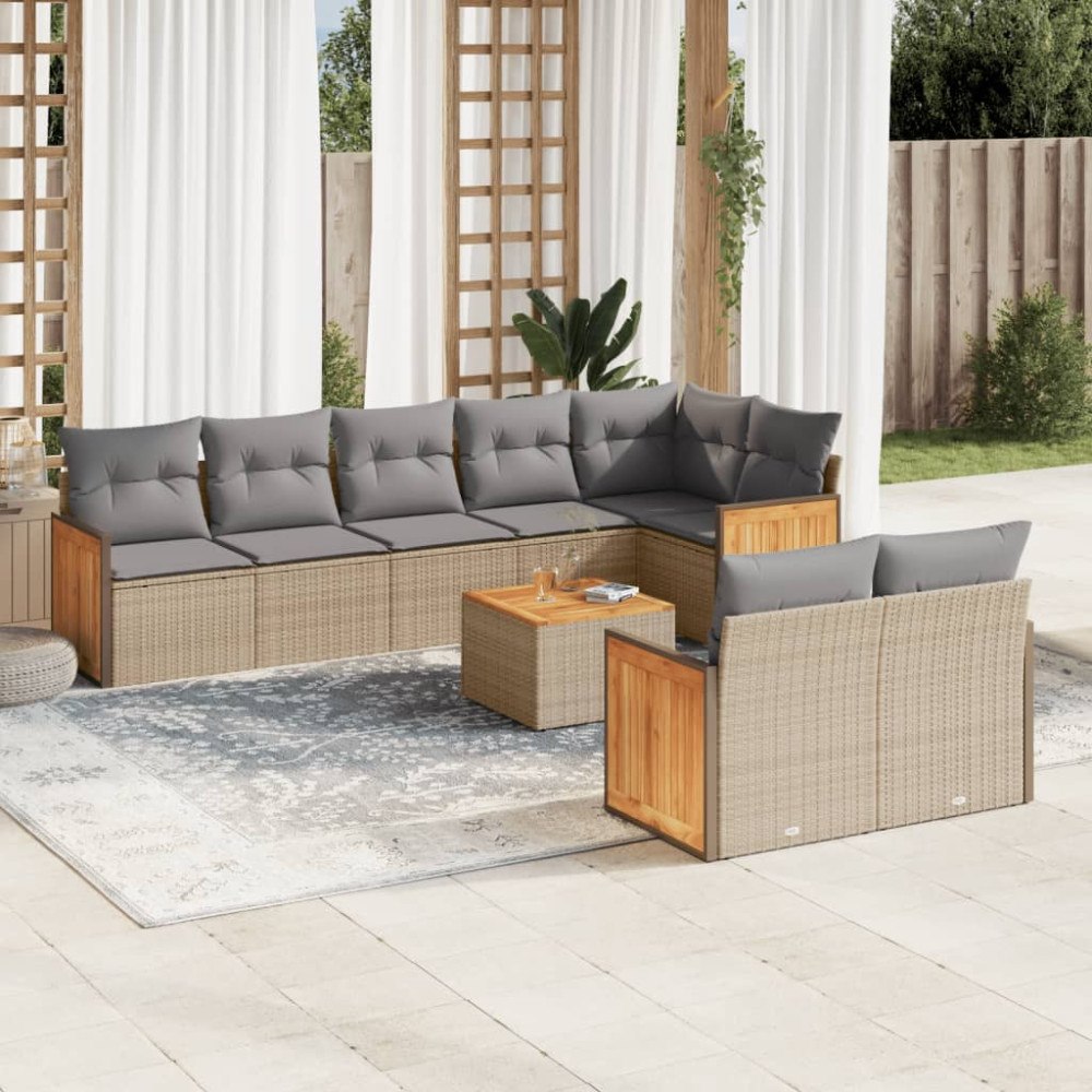 vidaXL Soffgrupp för trädgården med dynor 9 delar beige konstrotting