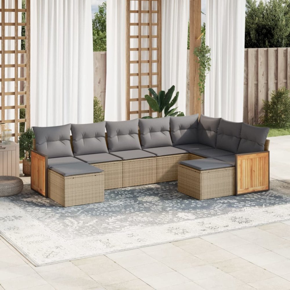 vidaXL Soffgrupp för trädgården med dynor 9 delar beige konstrotting