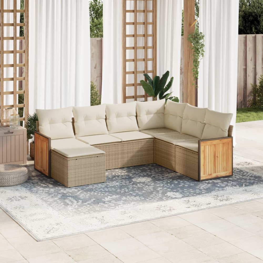 vidaXL Matgrupp för trädgården med dynor 7 delar beige konstrotting