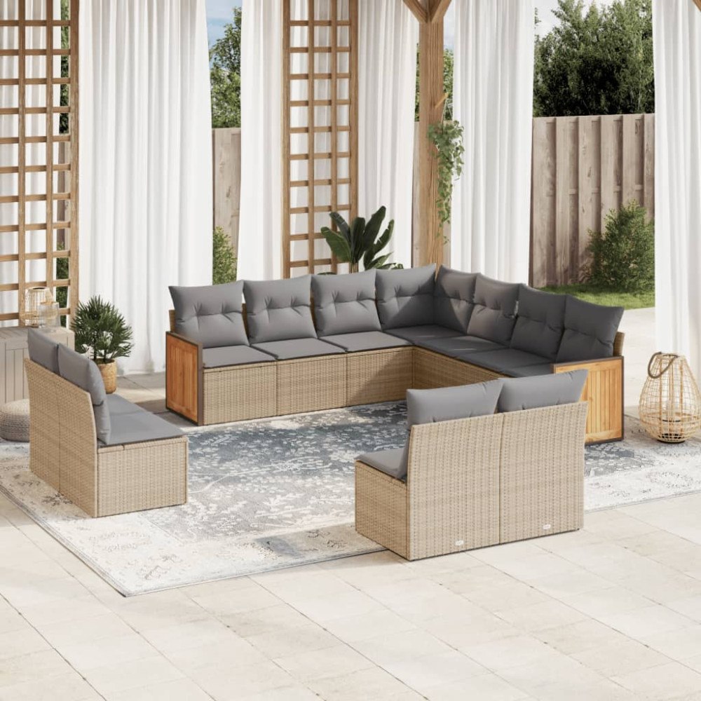 vidaXL Loungegrupp för trädgården m. dynor 11 delar beige konstrotting