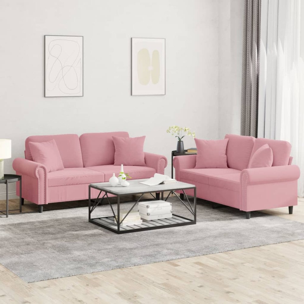 vidaXL Soffgrupp med kuddar 2 delar rosa sammet