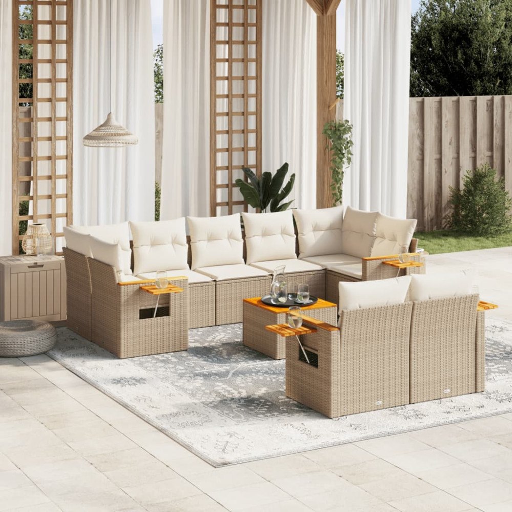vidaXL Soffgrupp för trädgård med dynor 10 delar beige konstrotting