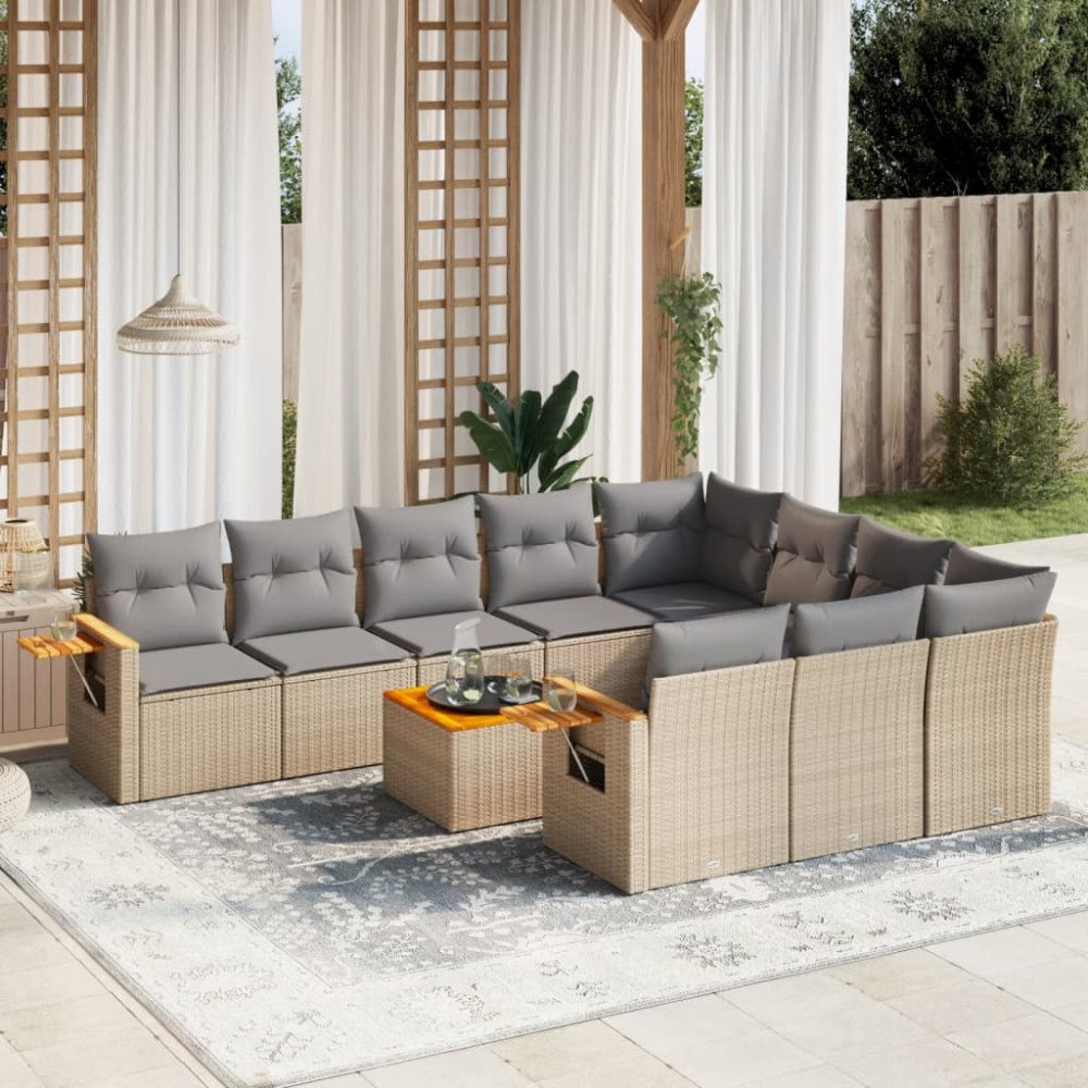 vidaXL Loungegrupp för trädgården m. dynor 11 delar beige konstrotting