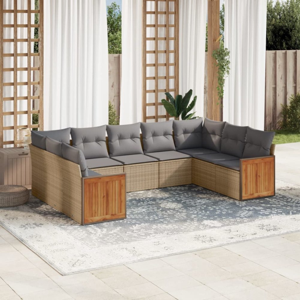 vidaXL Soffgrupp för trädgården med dynor 9 delar beige konstrotting