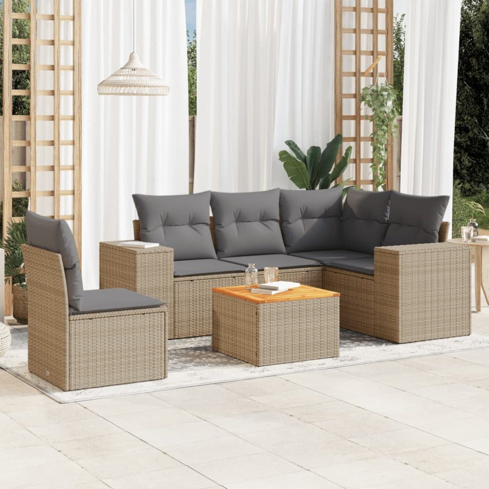 vidaXL Soffgrupp för trädgården med dynor 6 delar beige konstrotting