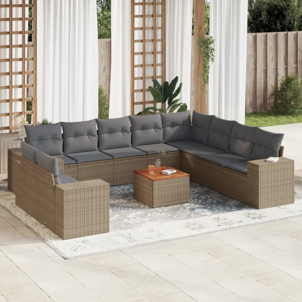 vidaXL Loungegrupp för trädgården m. dynor 11 delar beige konstrotting