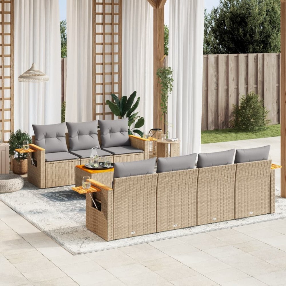 vidaXL Matgrupp för trädgården med dynor 8 delar beige konstrotting