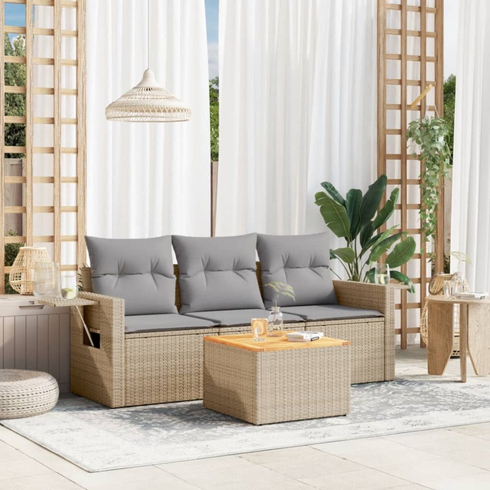 vidaXL Soffgrupp för trädgård med dynor 4 delar mixbeige konstrotting