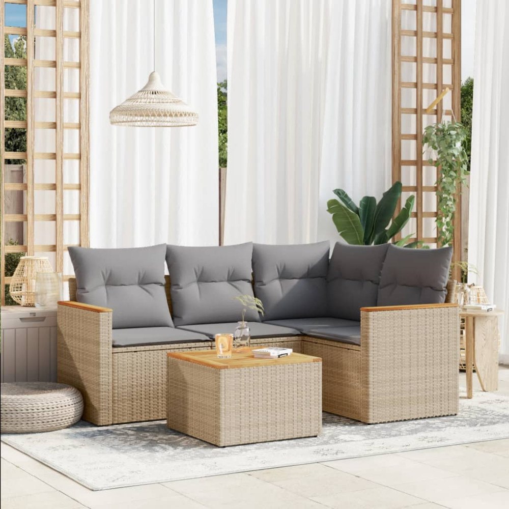 vidaXL Soffgrupp för trädgården med dynor 5 delar beige konstrotting