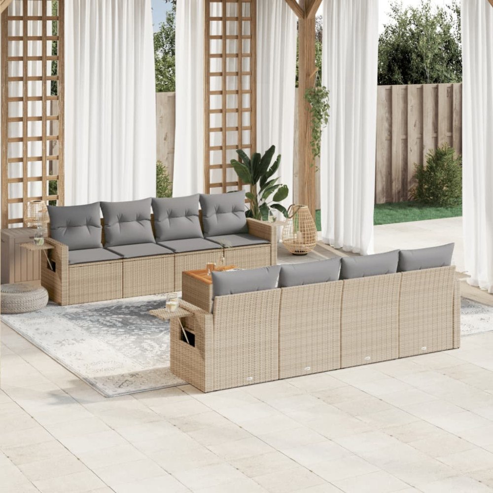 vidaXL Soffgrupp för trädgård med dynor 9 delar mixbeige konstrotting