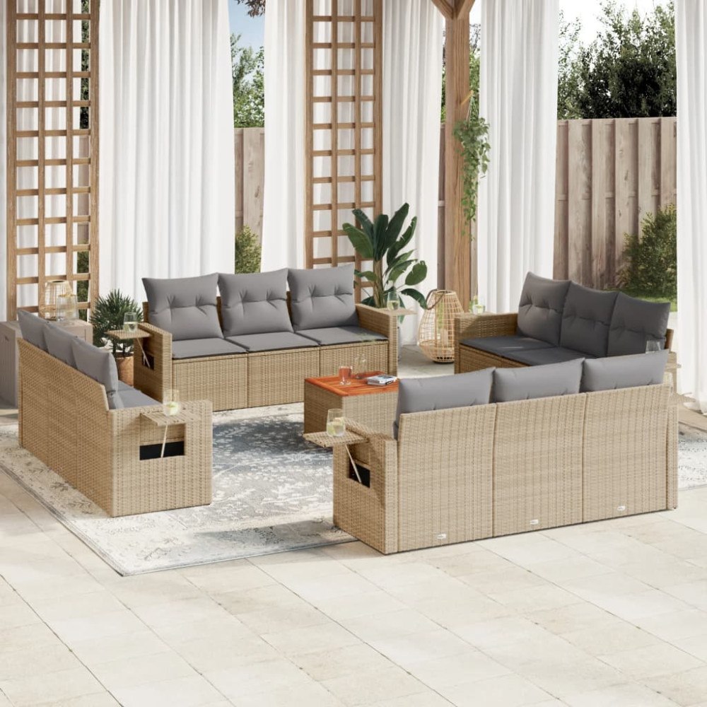 vidaXL Soffgrupp för trädgård med dynor 13 delar mixbeige konstrotting