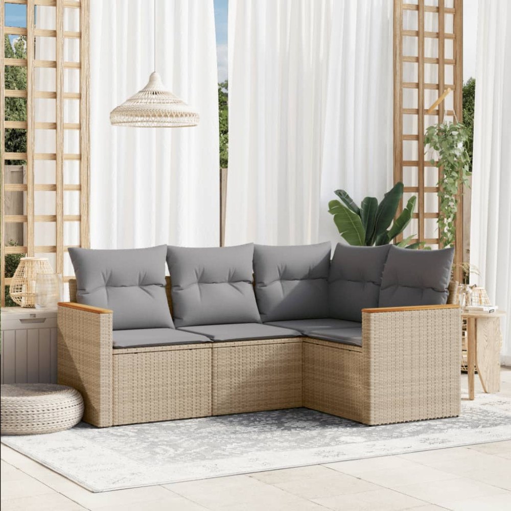 vidaXL Soffgrupp för trädgård med dynor 4 delar beige konstrotting
