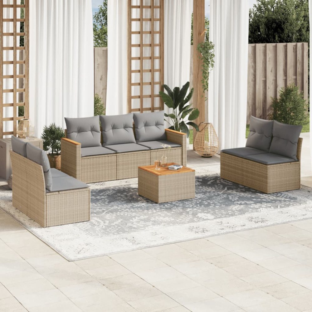 vidaXL Matgrupp för trädgården med dynor 8 delar beige konstrotting