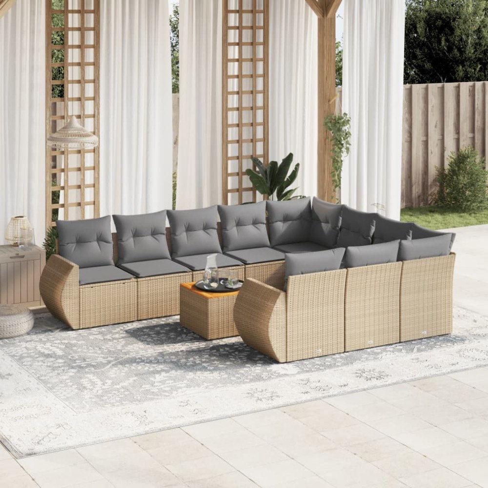 vidaXL Loungegrupp för trädgården m. dynor 11 delar beige konstrotting