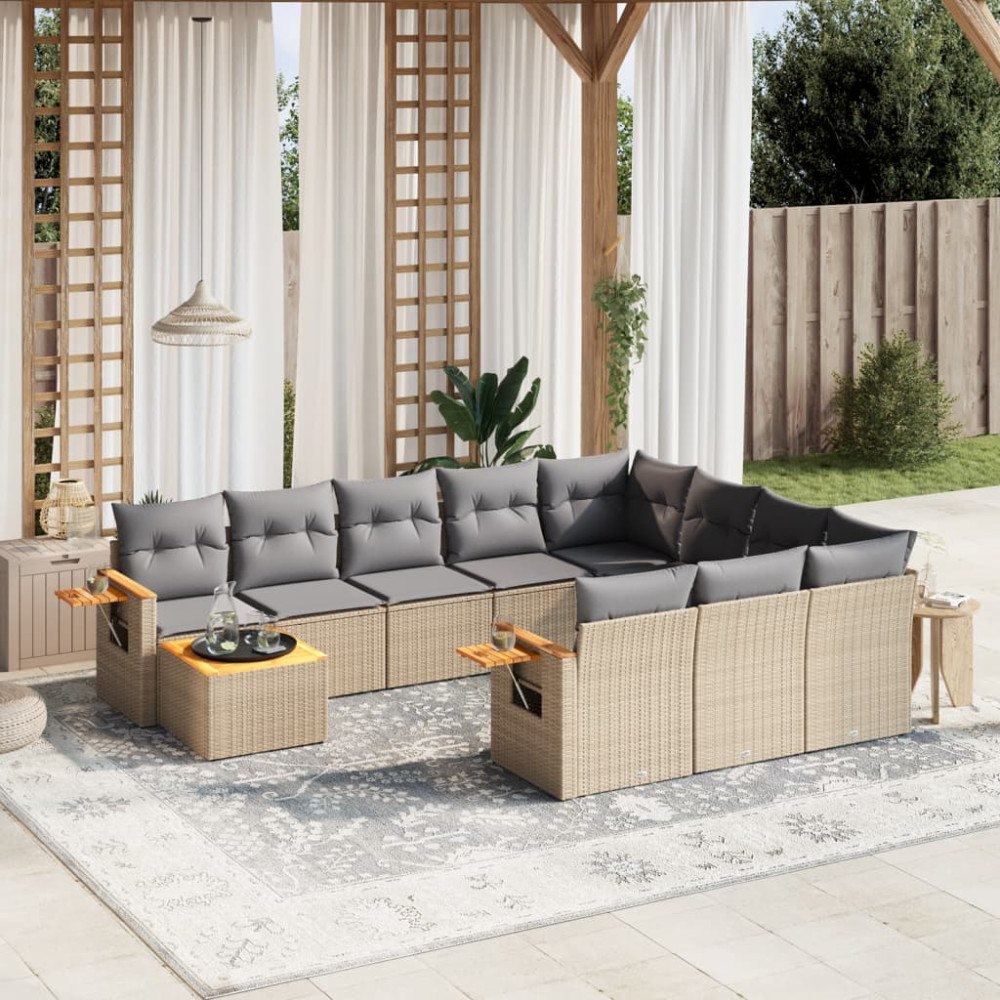 vidaXL Loungegrupp för trädgården m. dynor 11 delar beige konstrotting