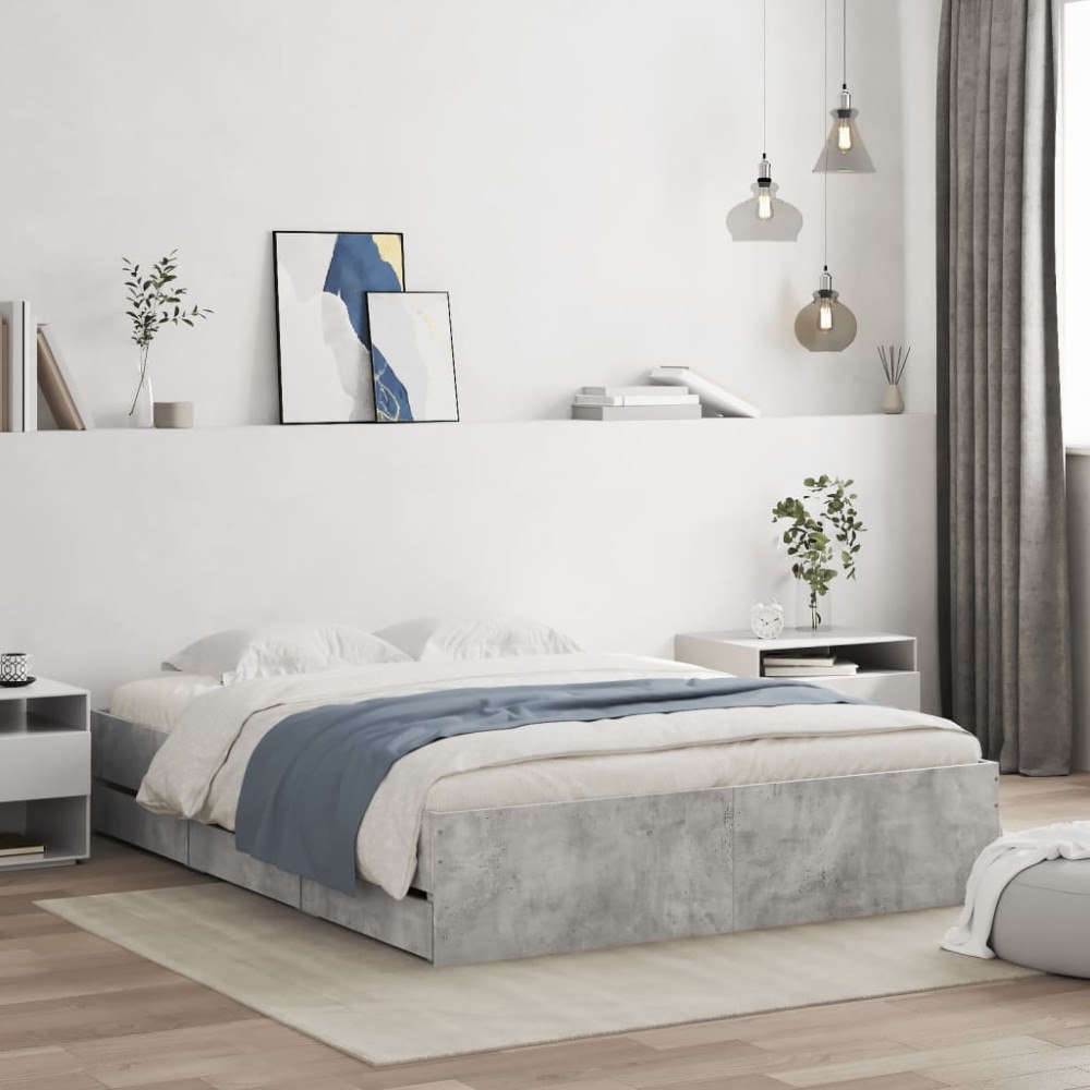 vidaXL Sängram med lådor betonggrå 140x200 cm konstruerat trä