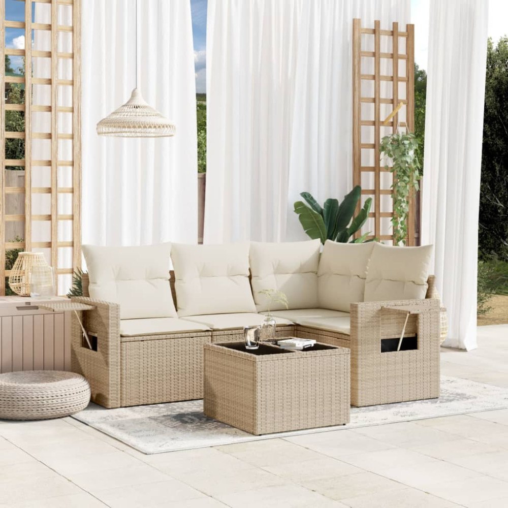 vidaXL Soffgrupp för trädgården med dynor 5 delar beige konstrotting