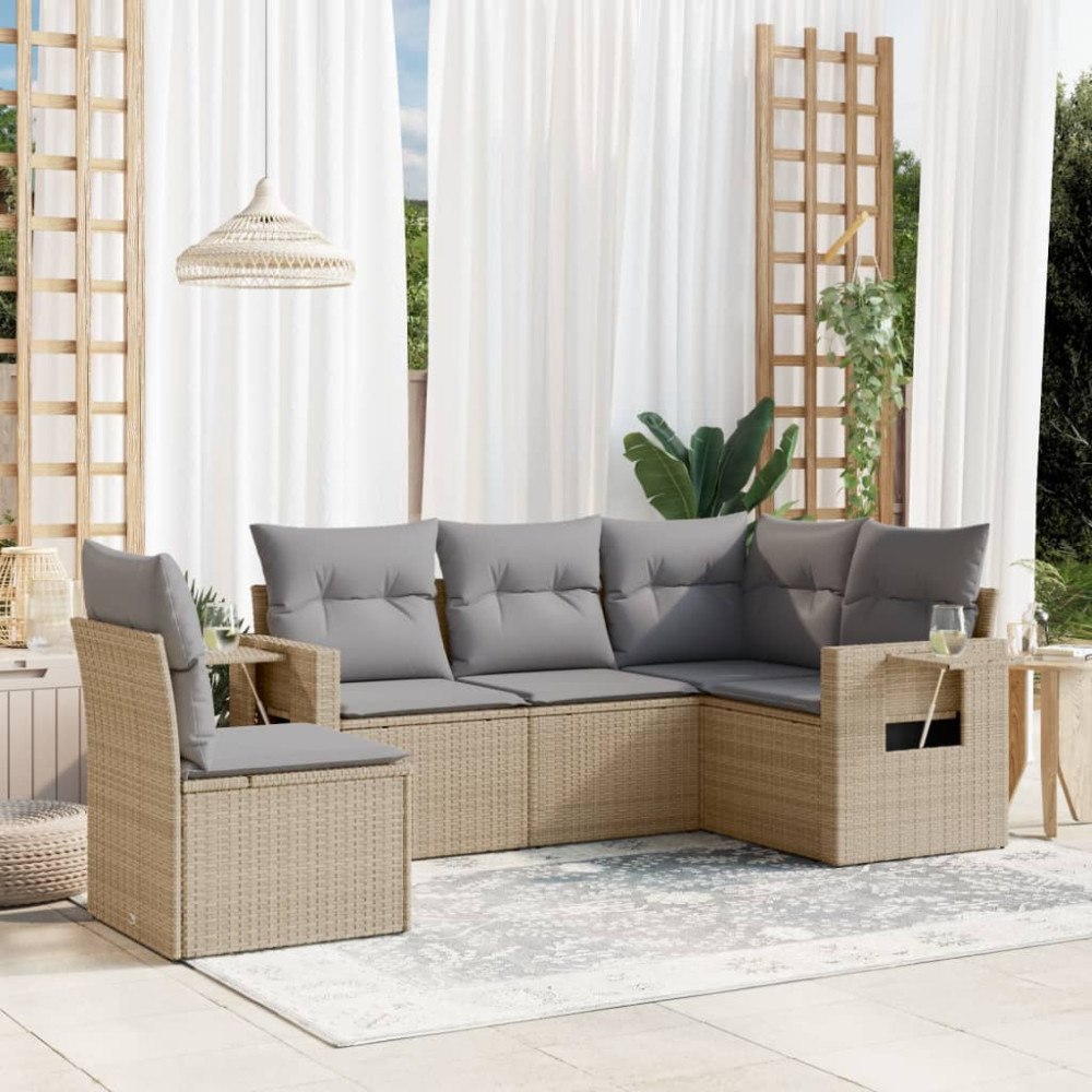 vidaXL Soffgrupp för trädgården med dynor 5 delar beige konstrotting