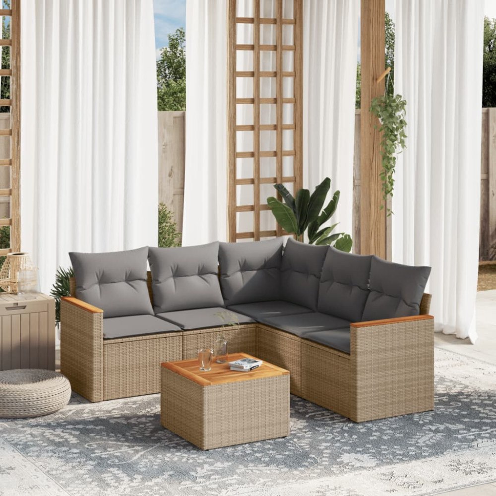 vidaXL Soffgrupp för trädgården med dynor 6 delar beige konstrotting