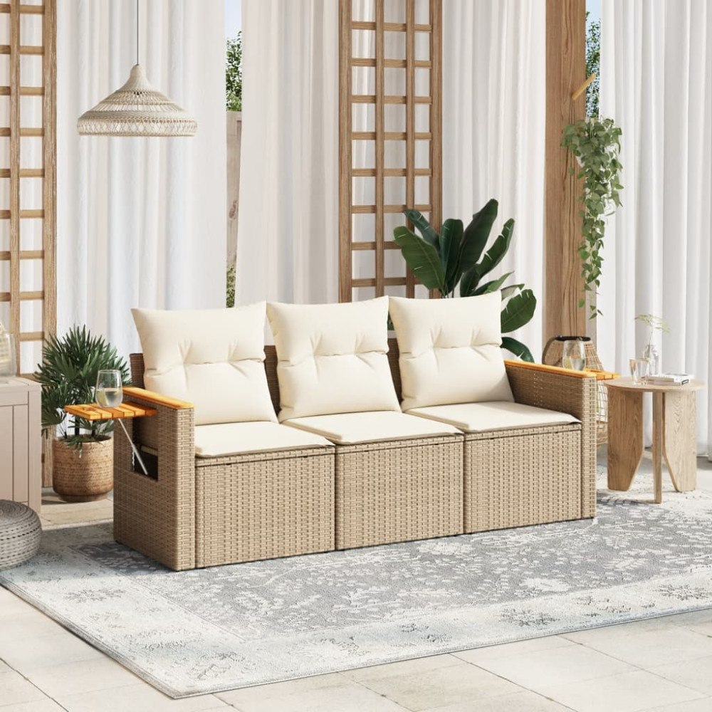 vidaXL Soffgrupp för trädgården 3 delar med dynor beige konstrotting
