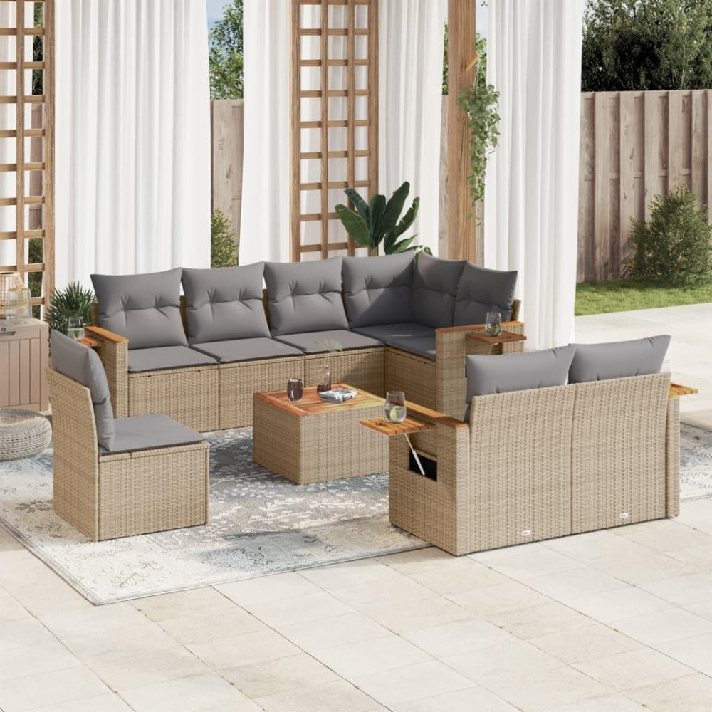 vidaXL Soffgrupp för trädgården med dynor 9 delar beige konstrotting