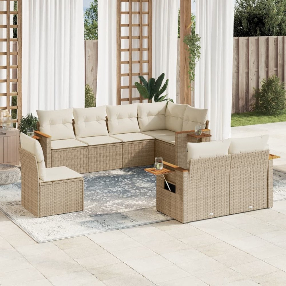 vidaXL Matgrupp för trädgården med dynor 8 delar beige konstrotting