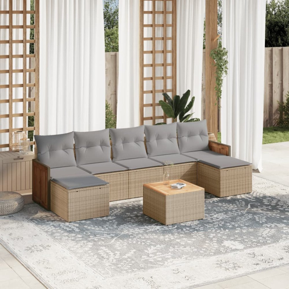 vidaXL Matgrupp för trädgården med dynor 8 delar beige konstrotting