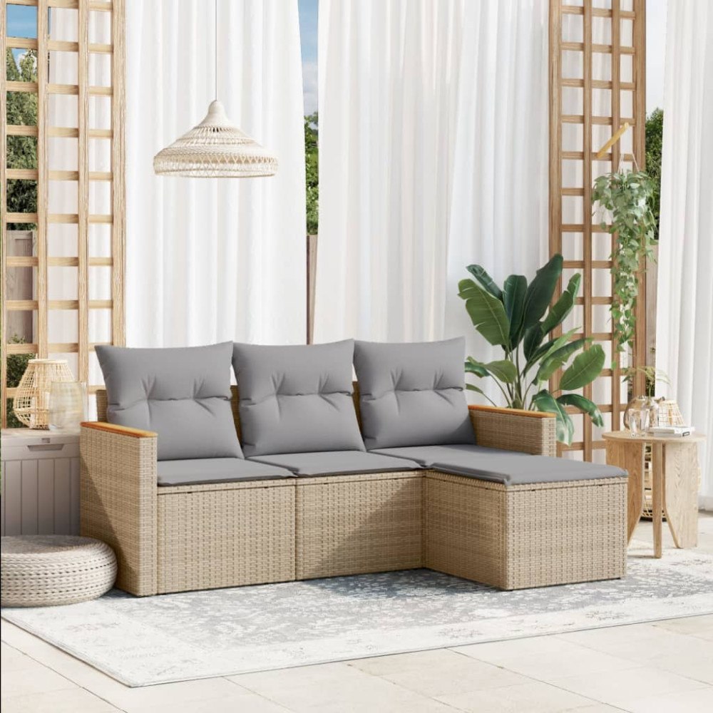 vidaXL Soffgrupp för trädgård med dynor 4 delar beige konstrotting